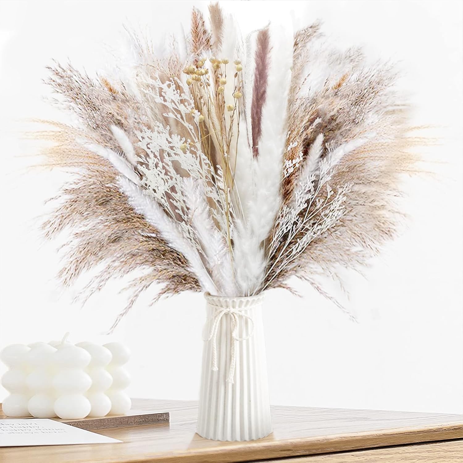 Natural Dried Pampas Grass (UK Company), 65PCS Dried Flowers Fluffy