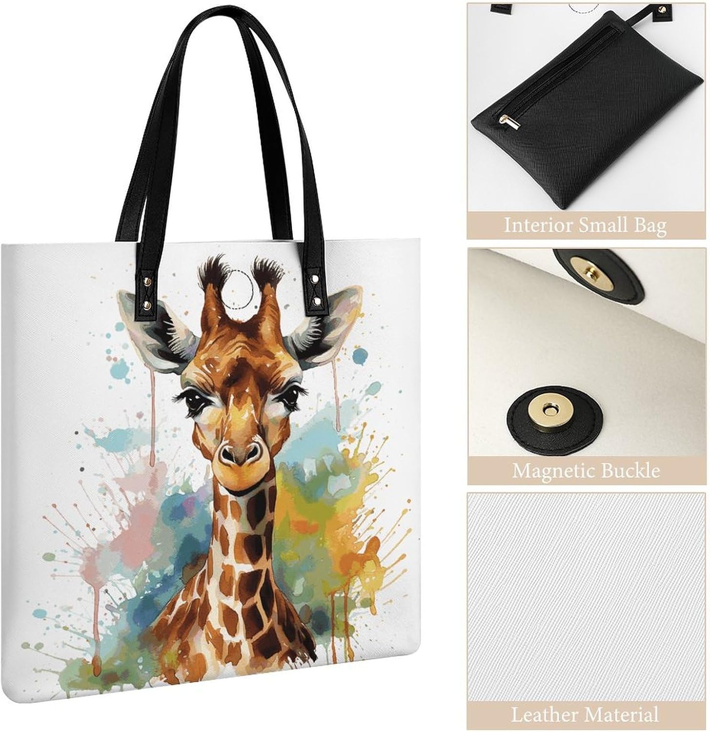 Cute Giraffe Watercolor Handbags Large Capacity, Tote Bag Stylish Slouchy, Shoulder Bags for Work Beach Travel And Shopping Grocery.