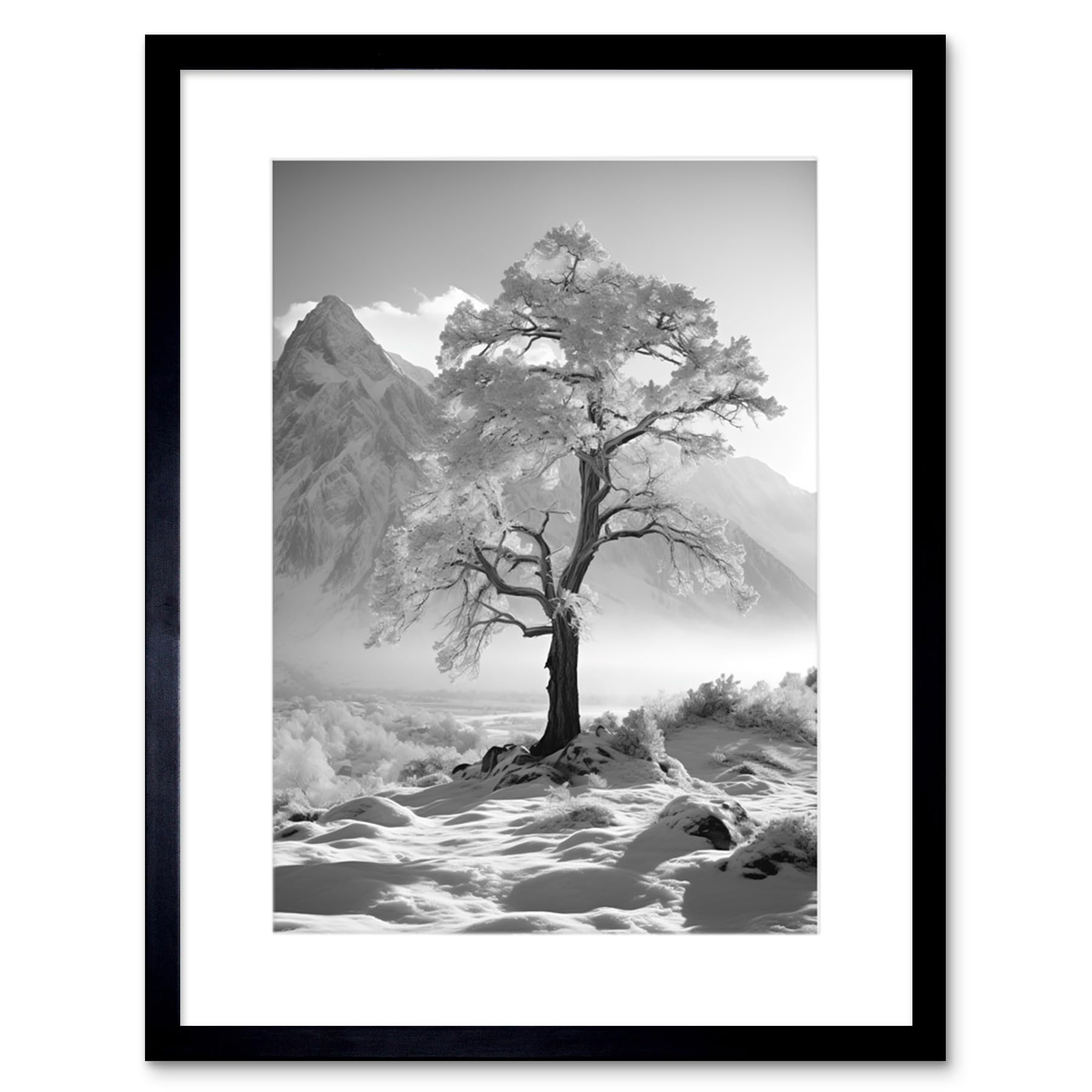 Artery8 Frozen Tree in Snowy Mountain Landscape Bright Black and White Photograph Winter Sunrise Crisp Morning Light Artwork Framed Wall Art Print 9X7 Inch