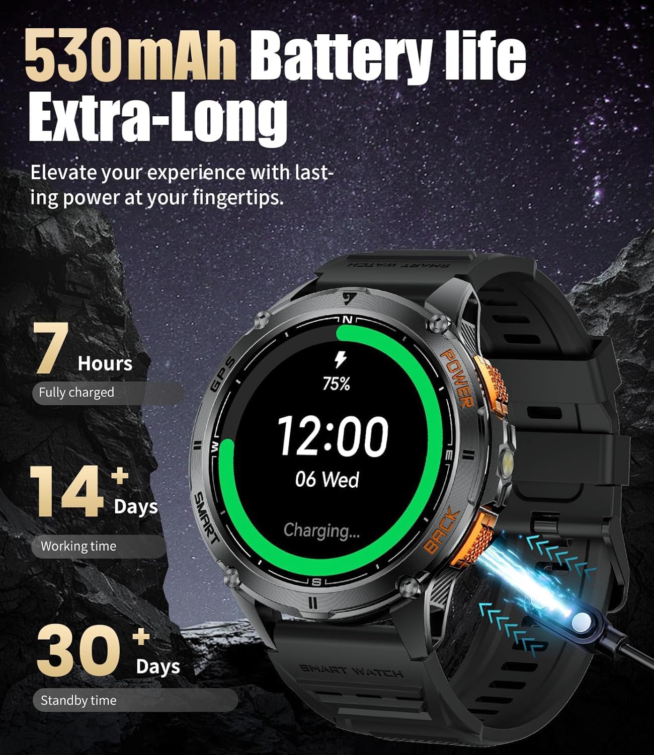 LIGE Smartwatch displaying battery charging status, with indicators for 7 hours full charge, 14+ days working time, and 30+ days standby time.