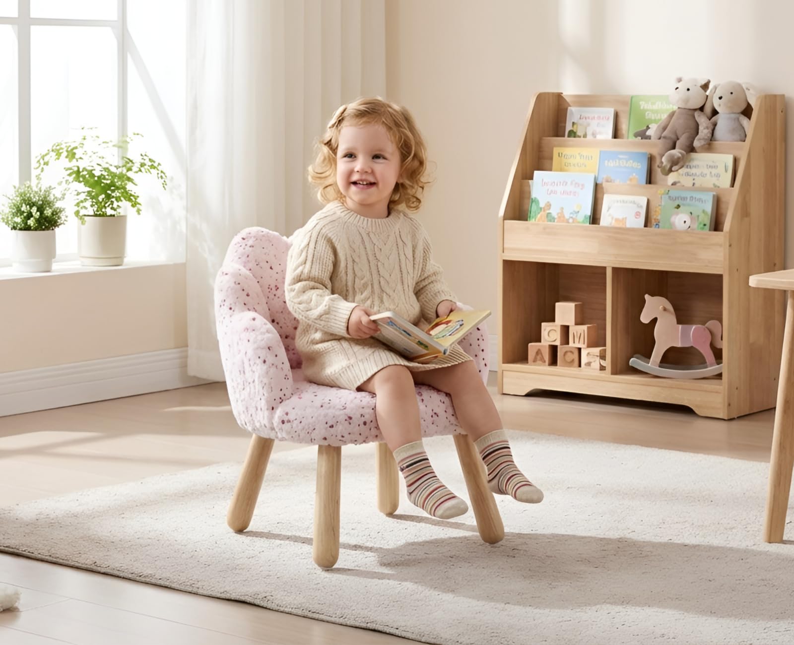 Sedia Carina per Bambini in Pelliccia Poltroncina per Bambini con Schienale a Petali Divanetto Bambino in Legno per Camera da Letto/Soggiorno/Sala Giochi, Rosa