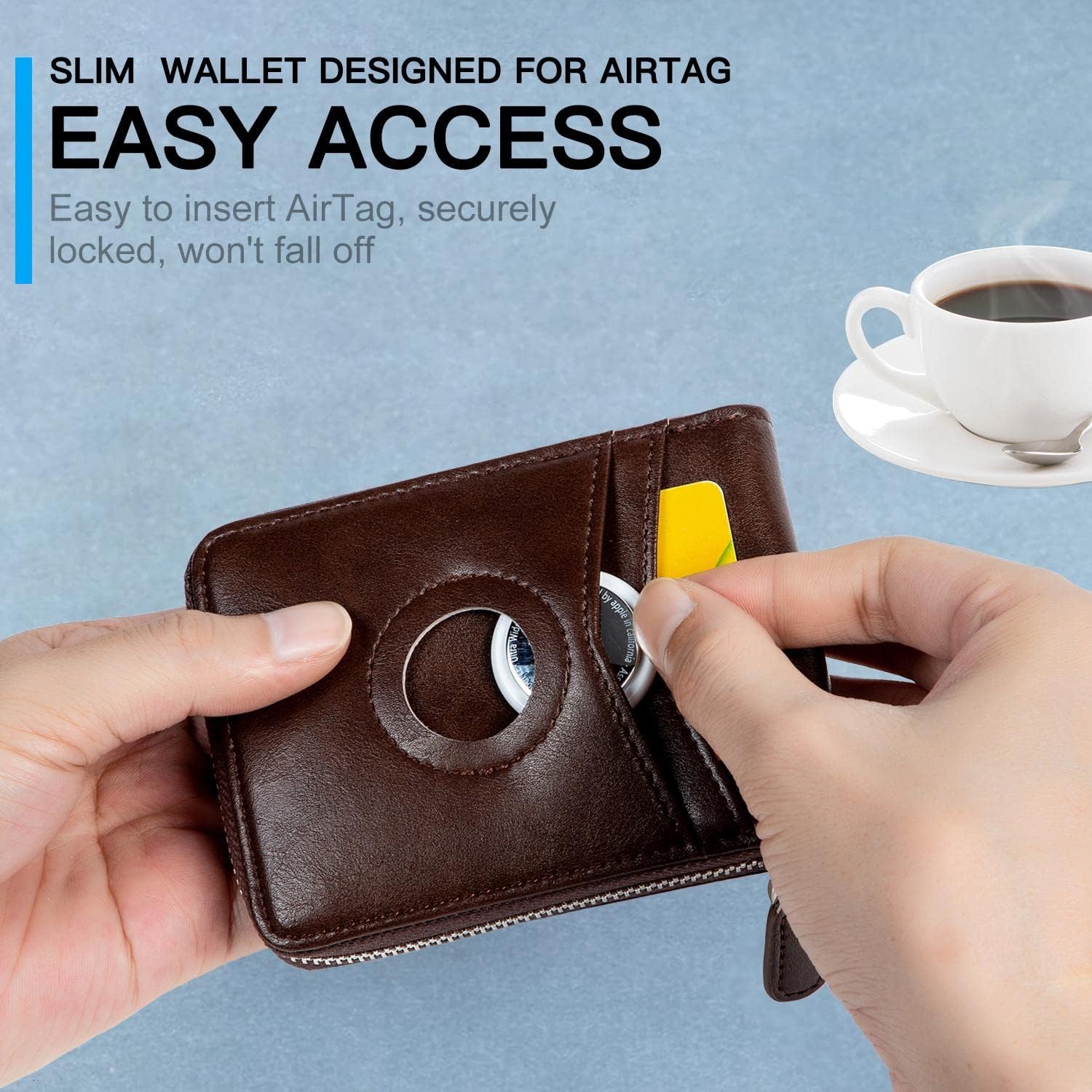 Huztencor AirTag Wallet, Mens Zipper RFID Slim Leather Credit Card Wallet With Built-in Case Holder for Apple AirTag - Oil Coffee image 4 of 7 B09VMP9V7D