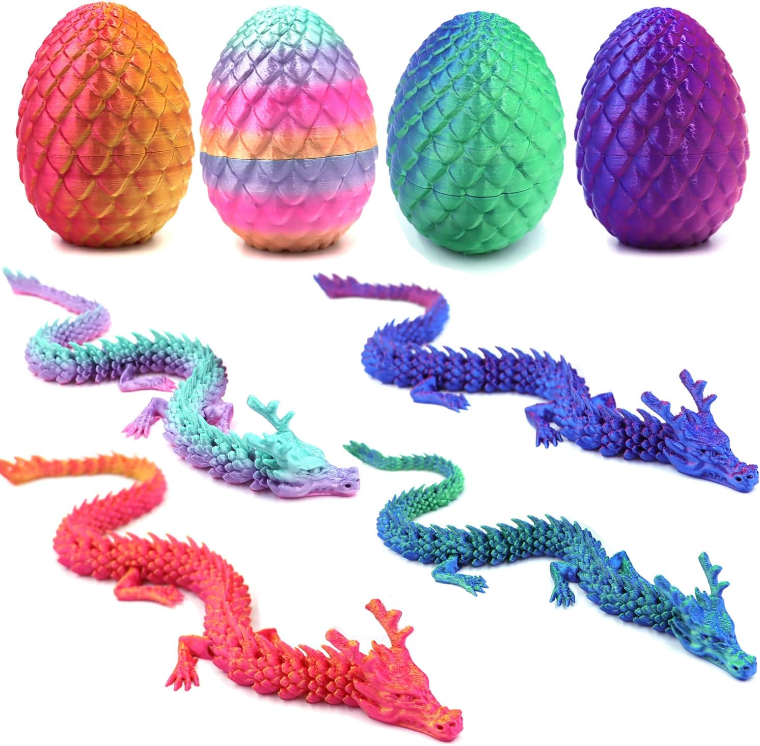 4PCS 3D Printed Dragon Eggs with Articulated Dragons Inside, 30cm Long Flexible Joint Dragon Toys, 3D Printed Animals Fidget Toys & Creative Crafts Desk Decor, Easter, Birthday Gifts for Kids Adults