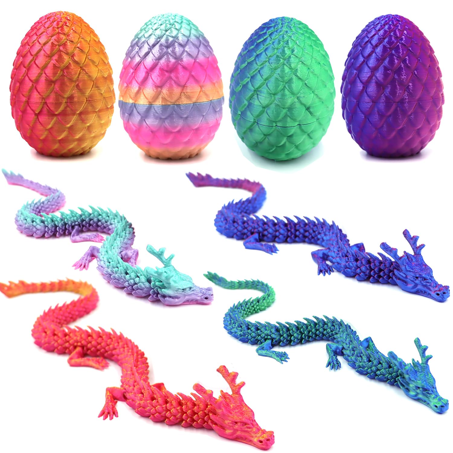 4PCS 3D Printed Dragon Eggs with Articulated Dragons Inside, 30cm Long Flexible Joint Dragon Toys, 3D Printed Animals Fidget Toys & Creative Crafts Desk Decor, Easter, Birthday Gifts for Kids Adults