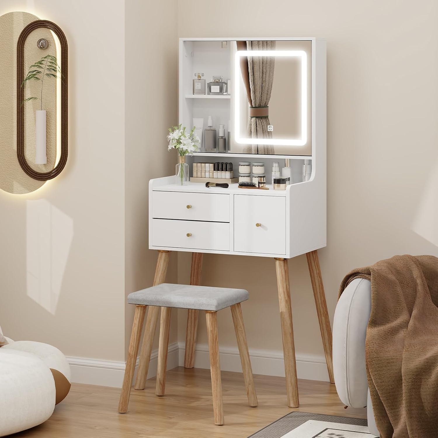 YU YUSING Toeletta Trucco con Luci LED e Specchio 3 Colori, Tavolo da Trucco con Sgabello, 3 Cassetti e 5 Ripiani, Postazione 60cm Vanity Desk for Makeup, Camera da Letto Soggiorno, Moderno, Bianco