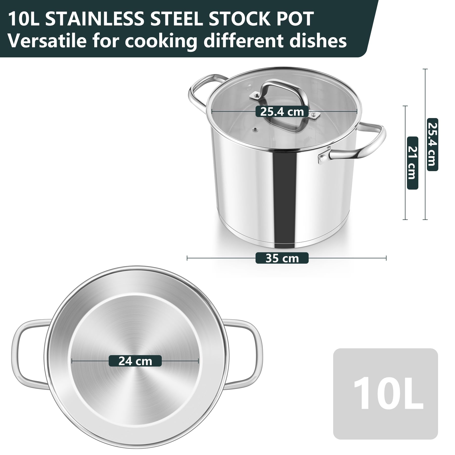 HaWare Pentola grande da 10 l, fondo a tre strati in acciaio inox con coperchio visibile, pentola da 24 cm per pasta/carne/zuppe, adatta per induzione/elettrico/gas/ceramica, sana e facile da pulire