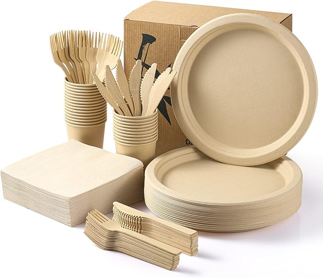 MORGIANA 100PCS Bamboo Paper Plates, Plastic Free Paper Plates and Cutlery Set, Disposable Bamboo Plates, Paper Cups, Forks, Napkins for Party, Picnic, Garden, BBQ, Service for 25 Persons