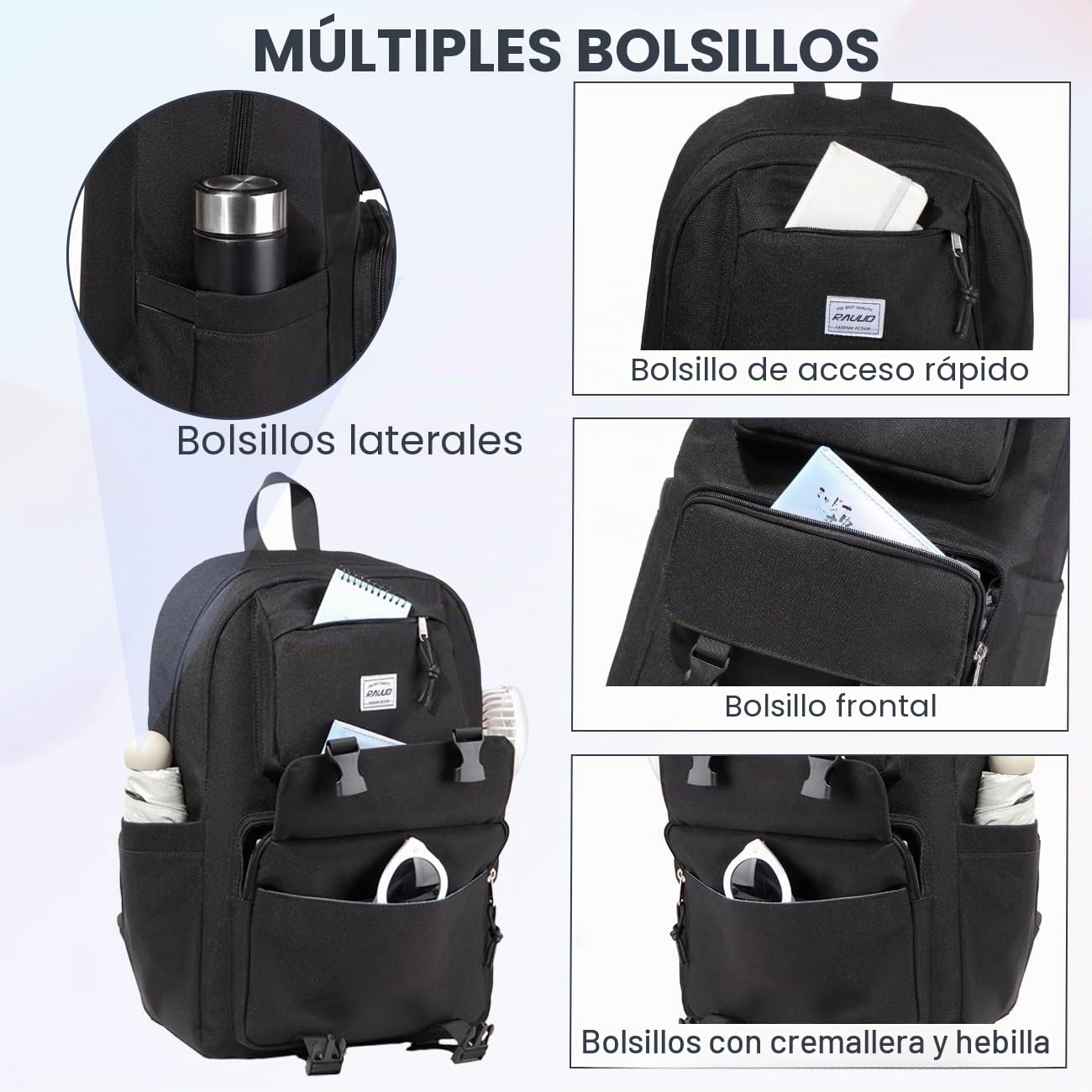 RAVUO Mochila Escolar Adolescente, Casual para Hombre y Mujer Impermeable Instituto Chica Chico Ligera Portatil 15.6 Pulgadas