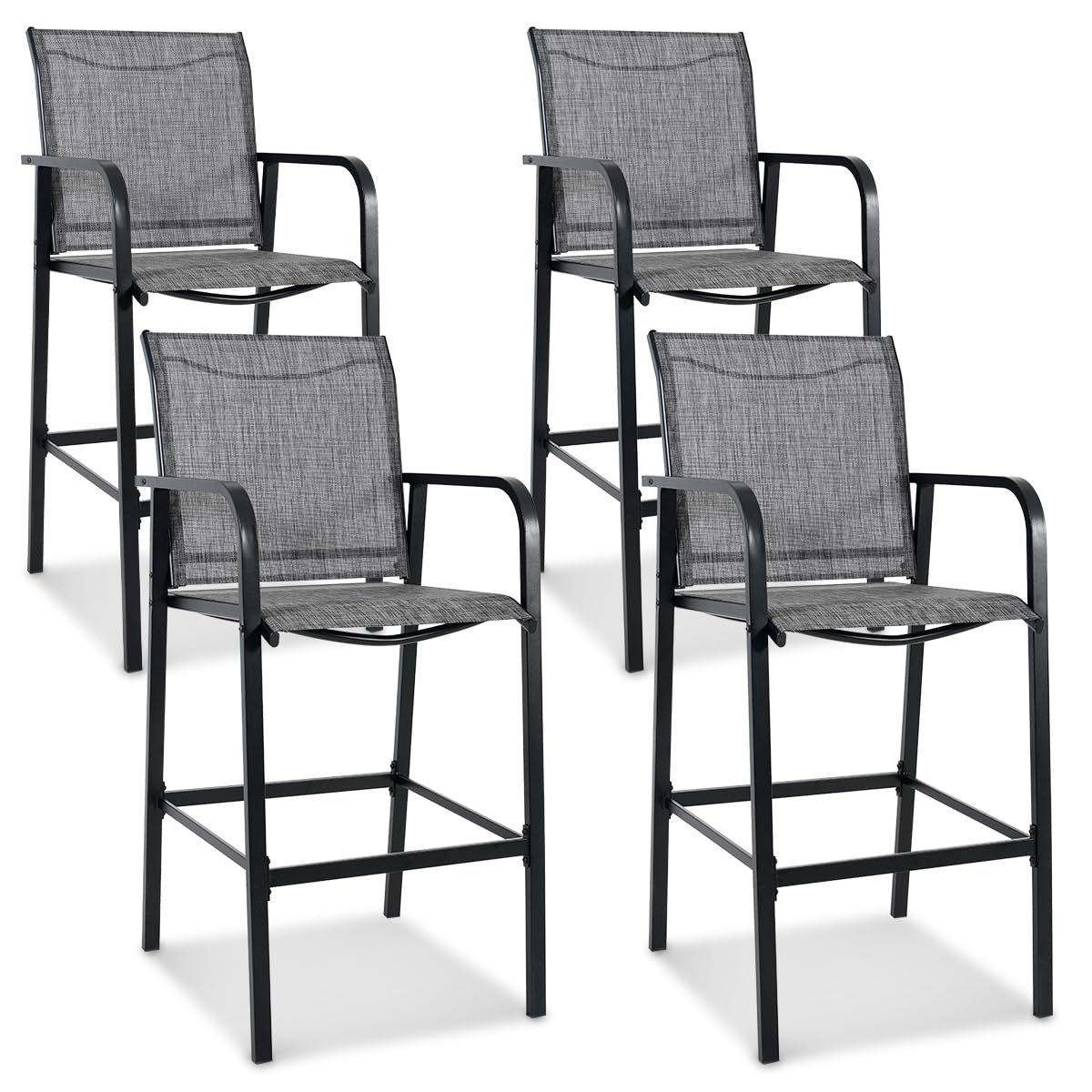 Sundale Outdoor Metal Bar Stool Set of 4, Counter Height Patio Pub Chair with Back, Quick Dry Breathable Sling Tall Barstool for Deck Balcony, Steel -