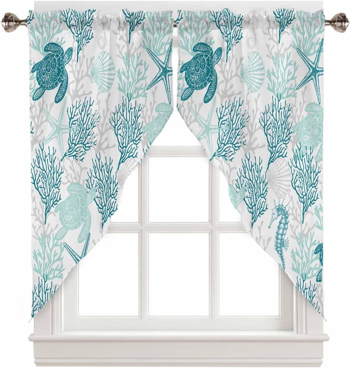 SEVENBABU Swag Curtains for Windows Semi-Sheer Curtains Window Valance Rod Pocket Kitchen Valance Summer Turtle Coral Shell Starfish Green Swag Curtains Valances for Living Room 36x36 Inch,2 PCS