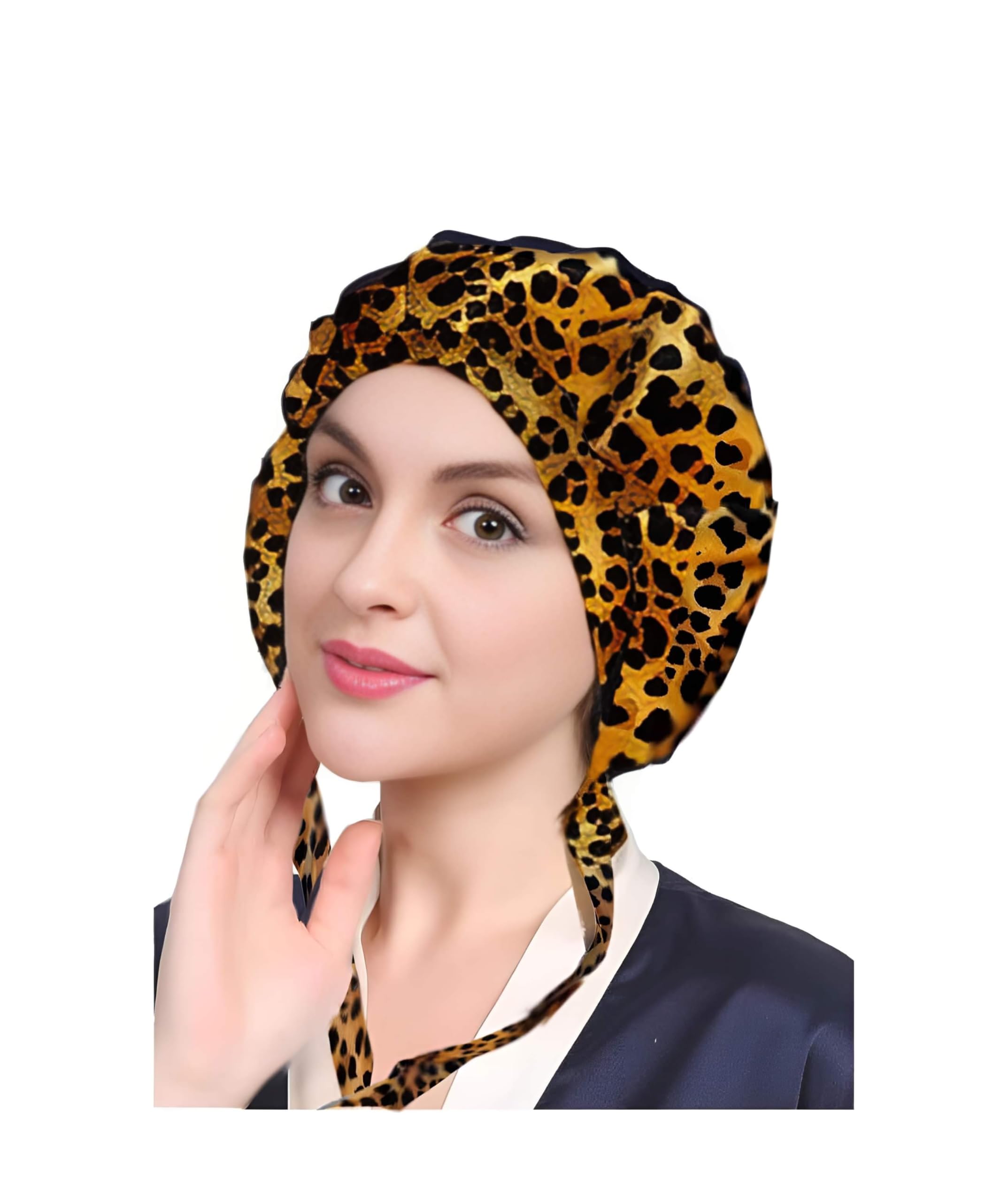 KARAM 100% Mulberry Silk Bonnet Premium 22mm Grade 6A Pure Silk Night Cap Adjustable Turban with Elastic Band and Adjustable Ribbons (Leopard Print)