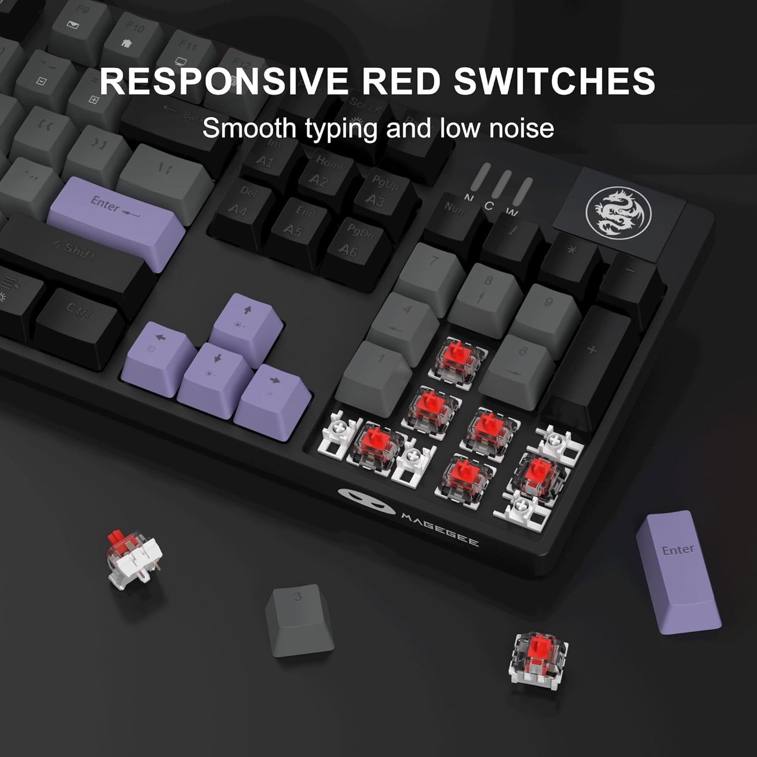MageGee MK-Storm Mechanical Gaming Keyboard, 104 Keys Wired Light Up Keyboard with Linear Red Switch, Ice Blue Backlit, Double-Shot Keycaps, N-Key Rollover for Laptop, Desktop, PC (Twilight Purple)