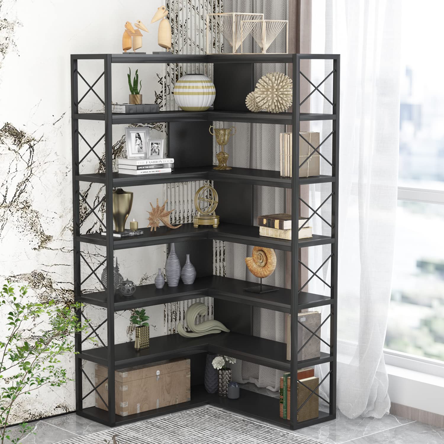 PAKASEPT 6Shelf Corner Bookshelf, Vintage Industrial Corner Shelf