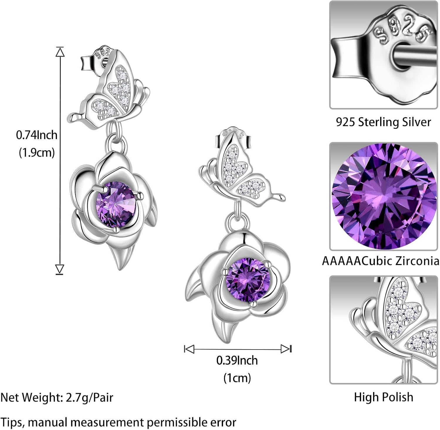 Jewmon Valentines Day Gifts for Her Butterfly Rose Flower Earrings for Women 925 Sterling Silver Rose Butterfly Birthstone Earrings Stud Birthstone Jewelry Gifts for Wife Girlfriend Mom - Image 6