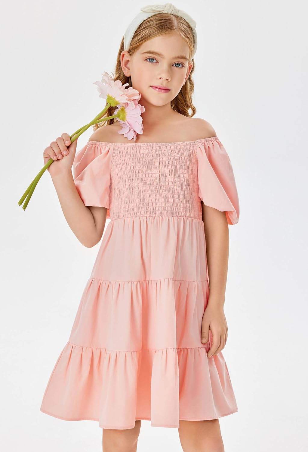 Batermoon Girls Boho Square Neck Puff Sleeve Off Shoulder Smocked Tiered Casual A Line Short Mini Dress - Image 4