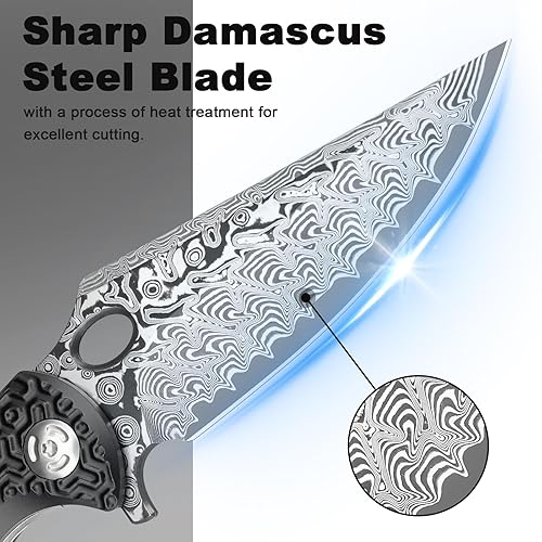 Vista 53 de Navaja de bolsillo con rompecristales, cuchillo plegable EDC Damasco con cortador de cinturón de seguridad, 3.35 pulgadas VG10 de hoja de acero