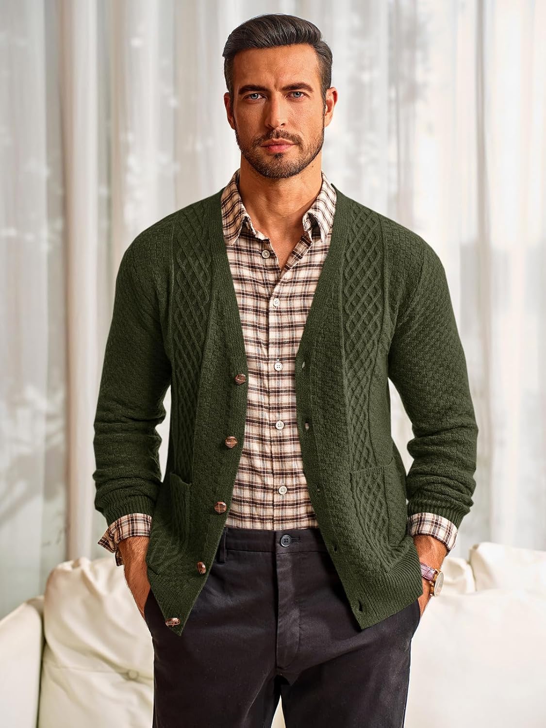 Runcati Mens Cardigan Sweater Casual V Neck Cable Knitted Cardigans Button Down Winter Chunky Sweaters with Pockets - Image 4