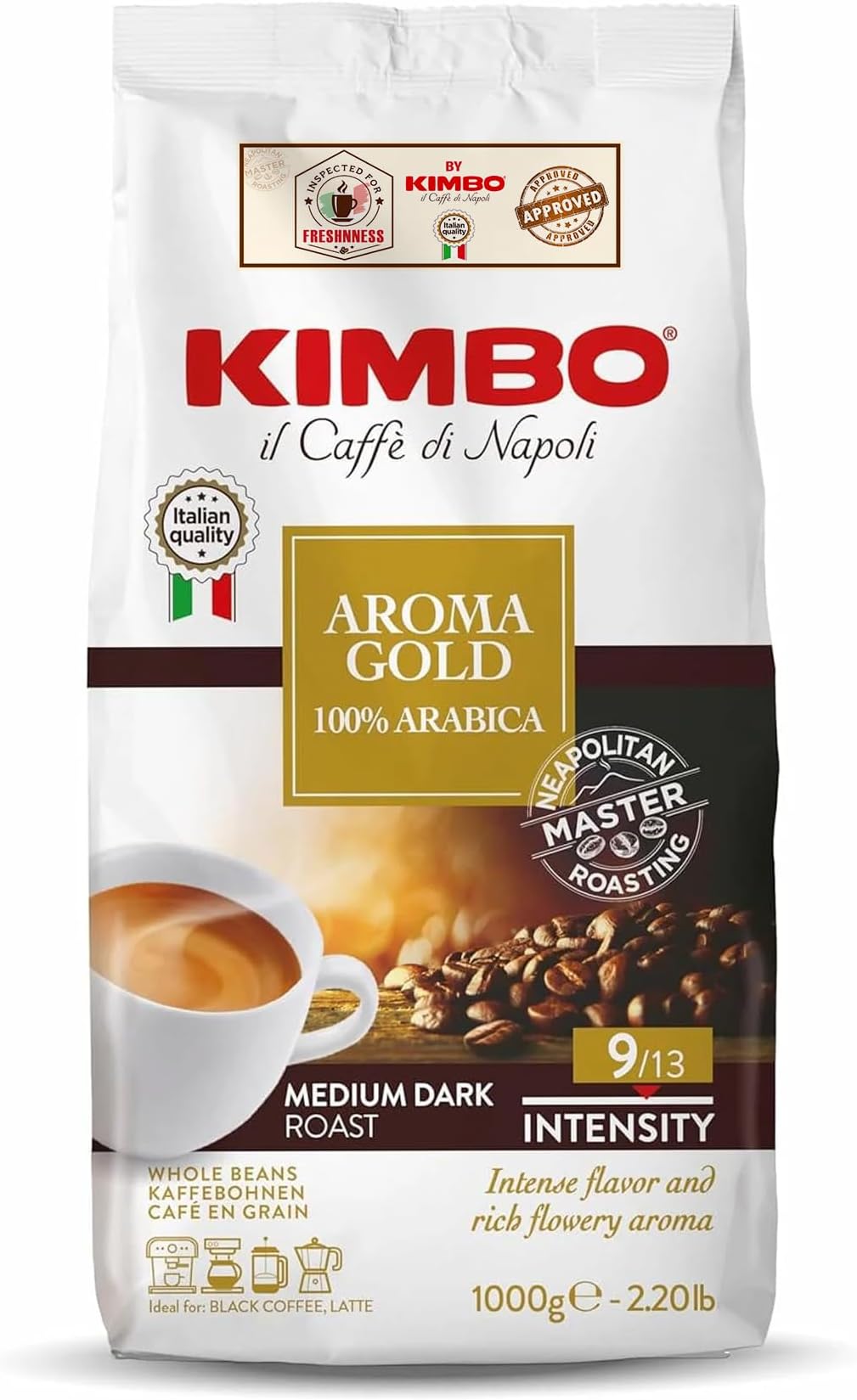 Aroma Gold | 100% Arabica Whole Bean Coffee | Medium Dark Roast | 9/13 Intensity | 2.2 Lbs (1kg) Bag