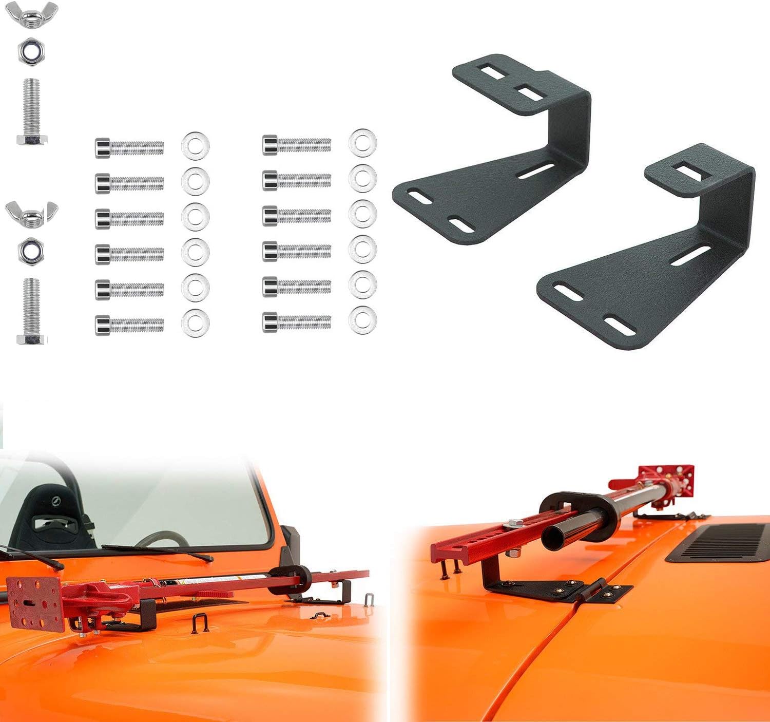 Hi-Lift Jack Mount Solid Hinge Mounting Hood Bracket for Wrangler CJ 1944-1986/YJ 1987-1995/TJ 1997-2006 (Pair, Black)
