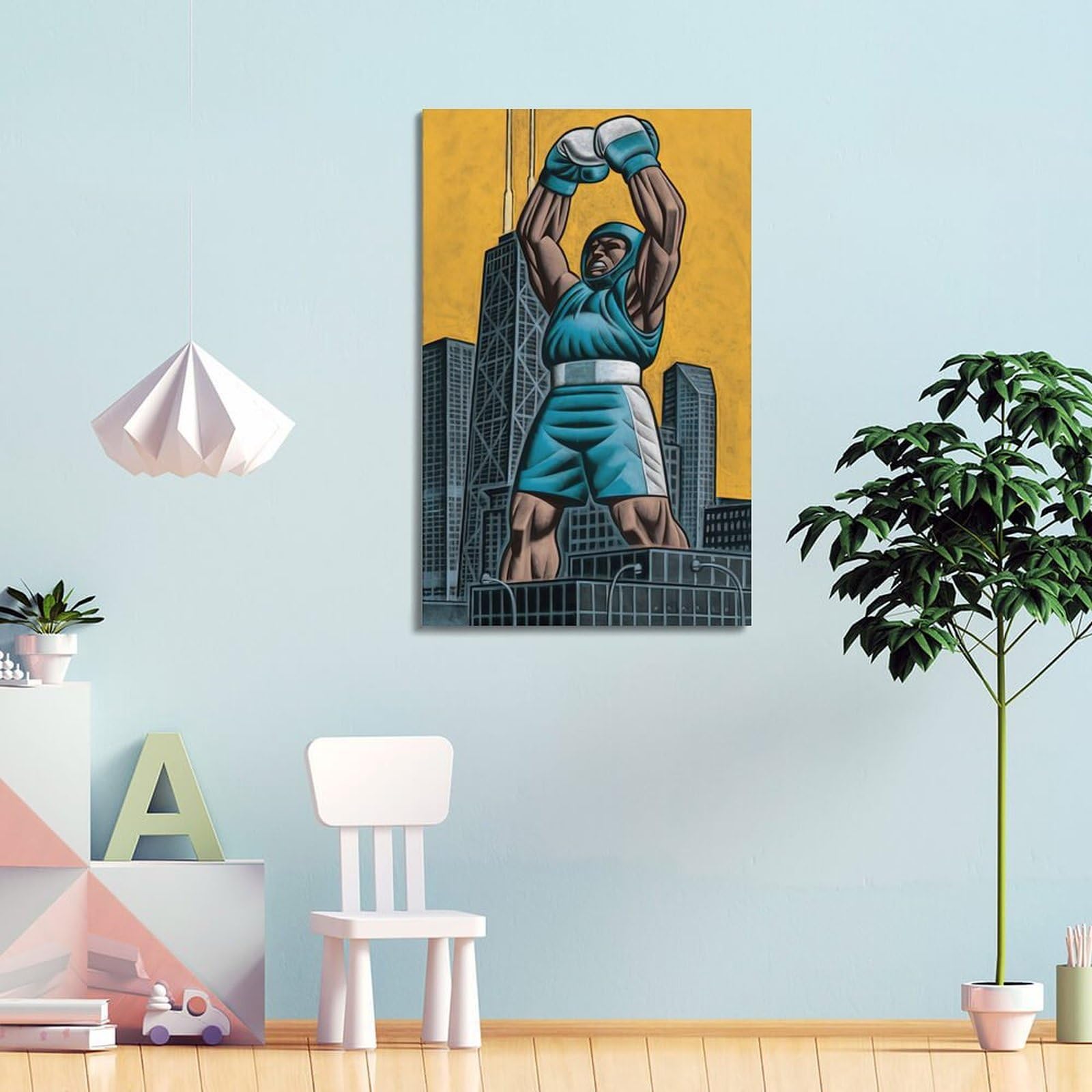 WIZIGM Impression sur toile style bande dessinée avec cadre - Style sportif - Boxer célébrant sur un gratte-ciel - Décoration murale moderne - 40 x 60 cm