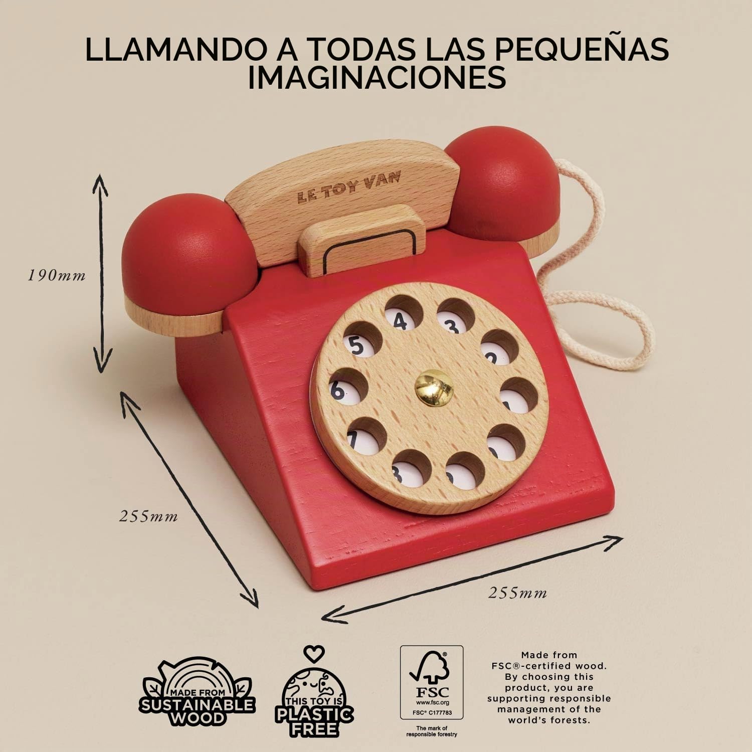 Le Toy Van - TV323 - Juego Educativo de teléfono de Juguete para niños de 3 años, teléfono de Disco Antiguo en Madera Natural certificada FSC y Colores a Base de Agua, Timbre Incluido