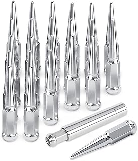 14x1.5 Spike Wheel Lug Nuts, 24pcs M14x1.5 Closed End Spike Lug Nut for Chevy Silverado 1500 GMC Sierra 1500 F150, Chrome Conical Bulge Seat with 1 Socket Key