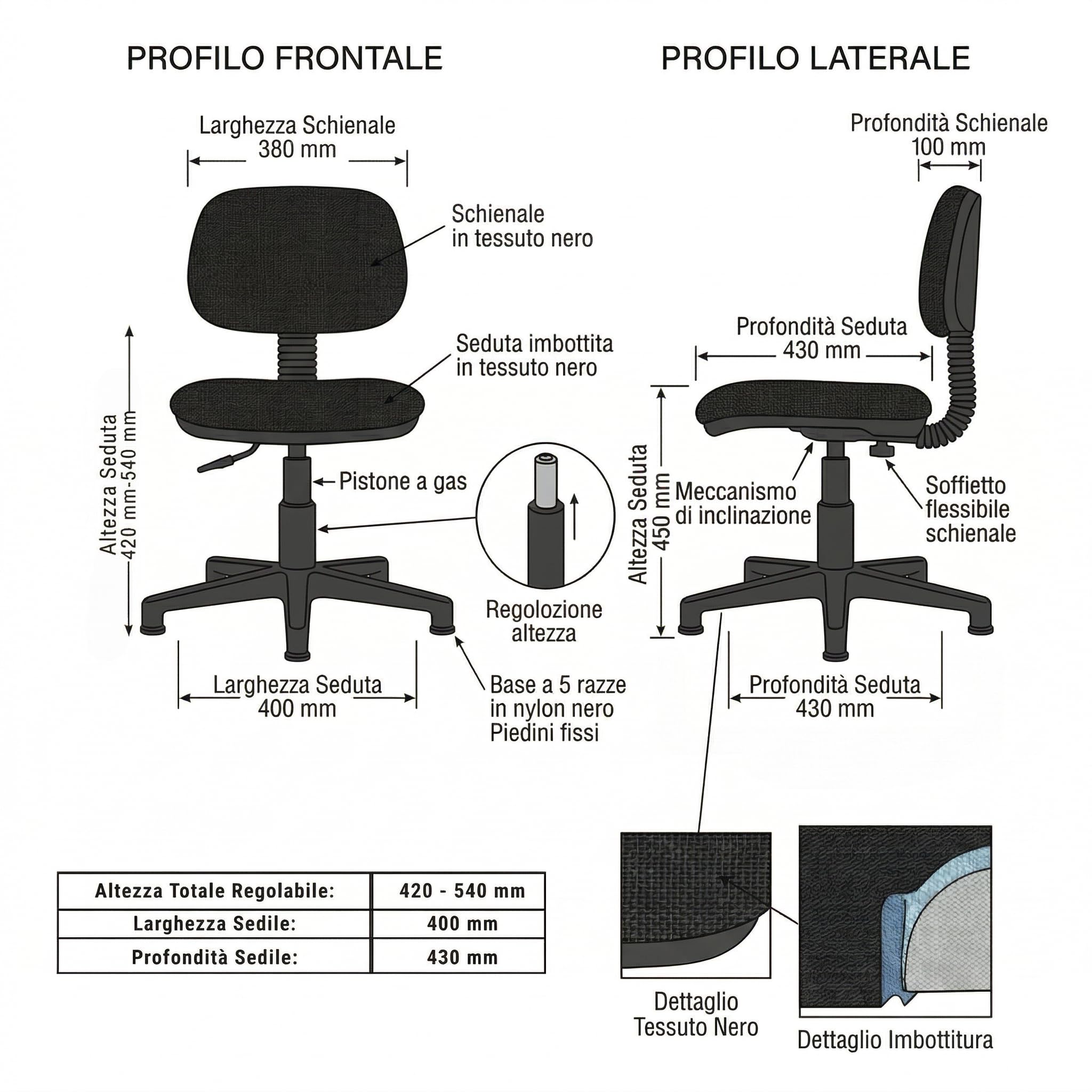 FITEX Sedia Operativa TALIA Imbottita, Altezza Regolabile, Schienale Regolabile, Base a 5 Razze con Piedini Fissi, Sedia da Lavoro per Ufficio e Laboratorio (Nera)