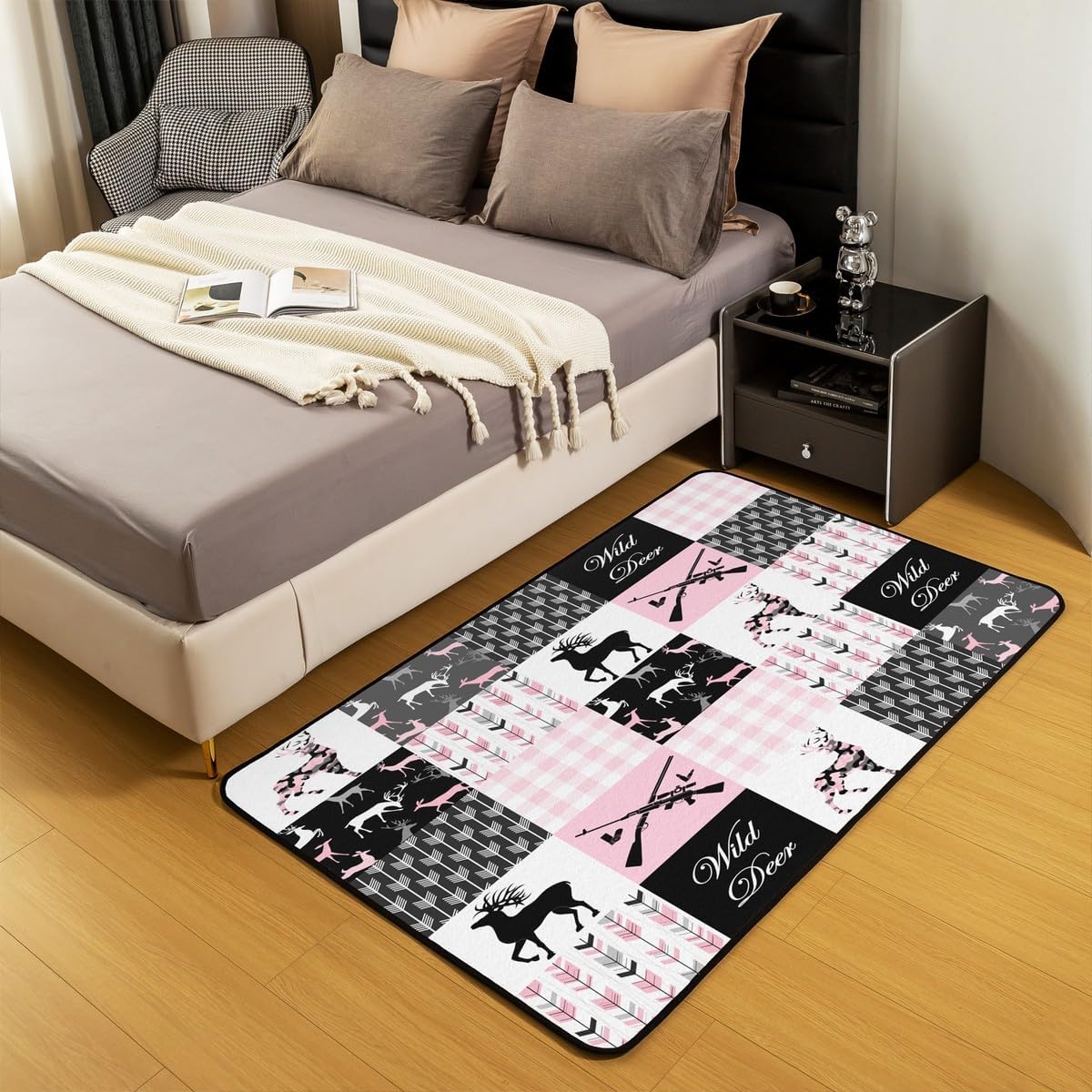 Camo Antler Area Rug 5x7 Kids Deer Hunting Pink Plaid Buffalo Decorative Carpet for Boys Teens Farmhouse Cabin Camouflage Boho Arrow Living Room Rugs Wild Animal Indoor Floor Mat Accent Rug