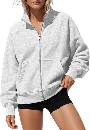 Trendy Queen Womens Zip Up Y2k Hoodies Cropped Sweatshirts Fall Fashion | No Hood Stand Collar Jacket with Pockets, Soft Fleece Layering Clothes, Airport Streetwear Loungewear Outfits