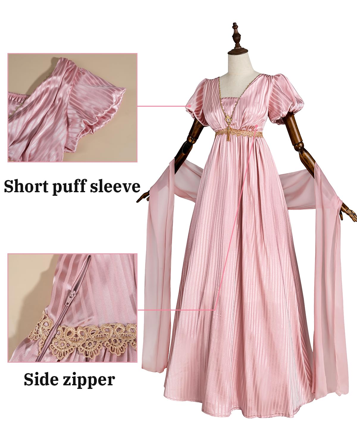 CR ROLECOS Regency Dresses for Women Empire Waist Regency Era Dress Costume Victorian Tea Gown Pink L - Image 3