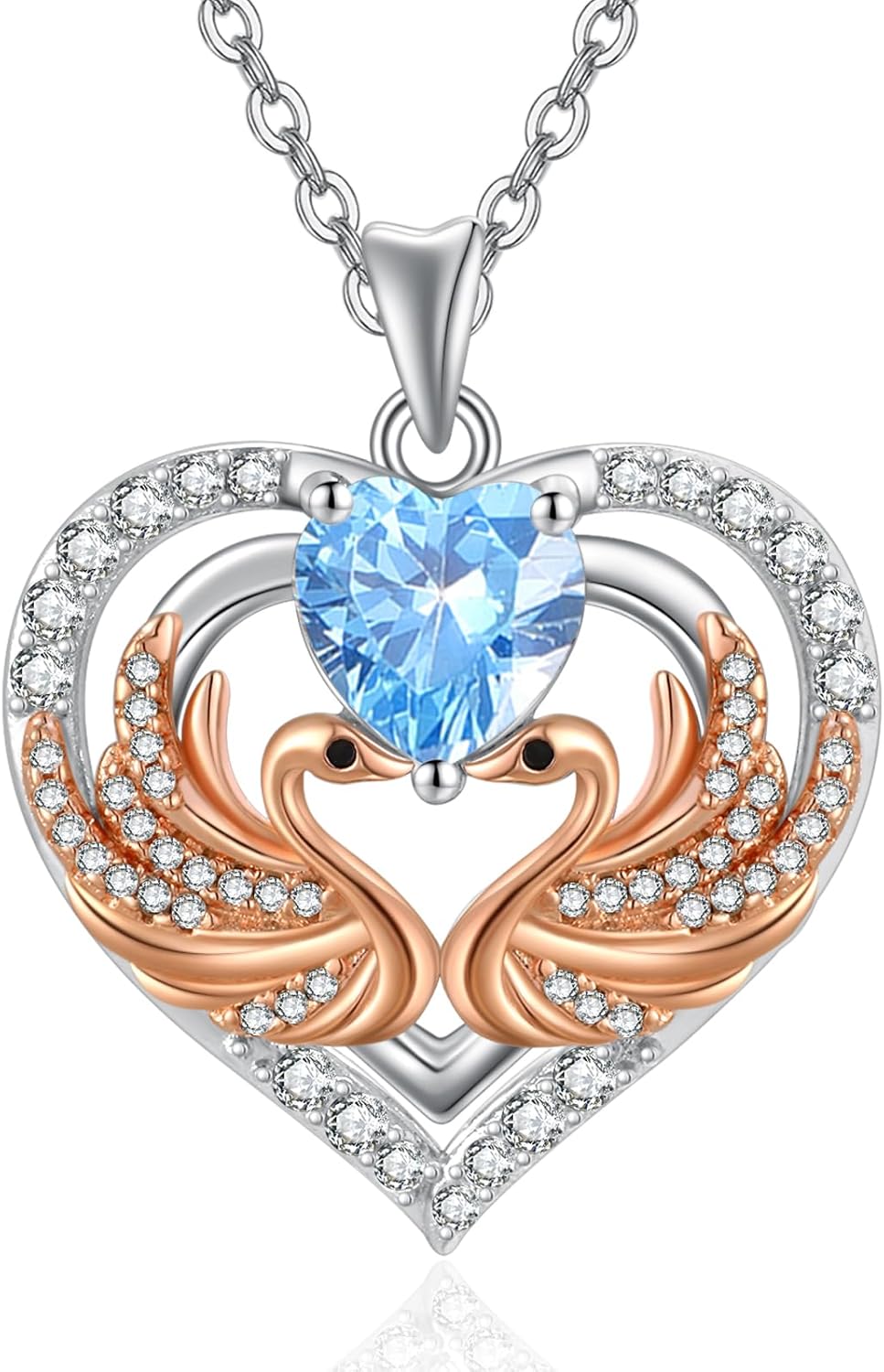 Swan Heart Necklaces for Women, 925 Sterling Silver Heart Jewelry with Birthstone Pendant, Valentines Day Birthday Gifts for Women, 18+2 Inch Chain