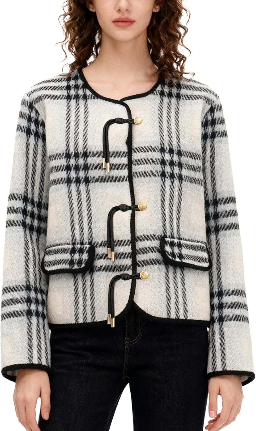 Women's Sweater Cardigans Vintage Plaid Knit Blazer Jacket Winter 2025 Button Down Cardigan Coats with Pockets - Image 3