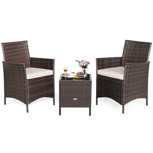 COSTWAY 3 Pieces Patio Rattan Furniture Set, Outdoor Wicker Cushioned