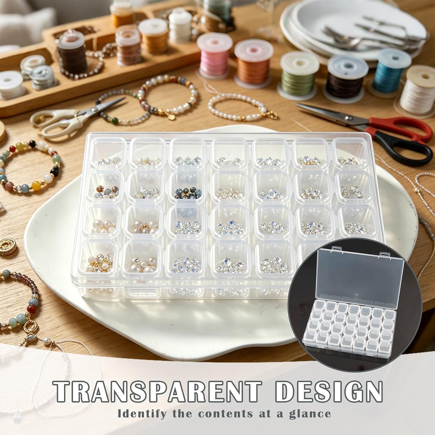 8 Pack 28 Grids Diamond Painting Boxes with 1080 Labels, Plastic Craft Bead Organizer, Adjustable Clear Beads Organizers and Storage for DIY, Jewelry & Accessories