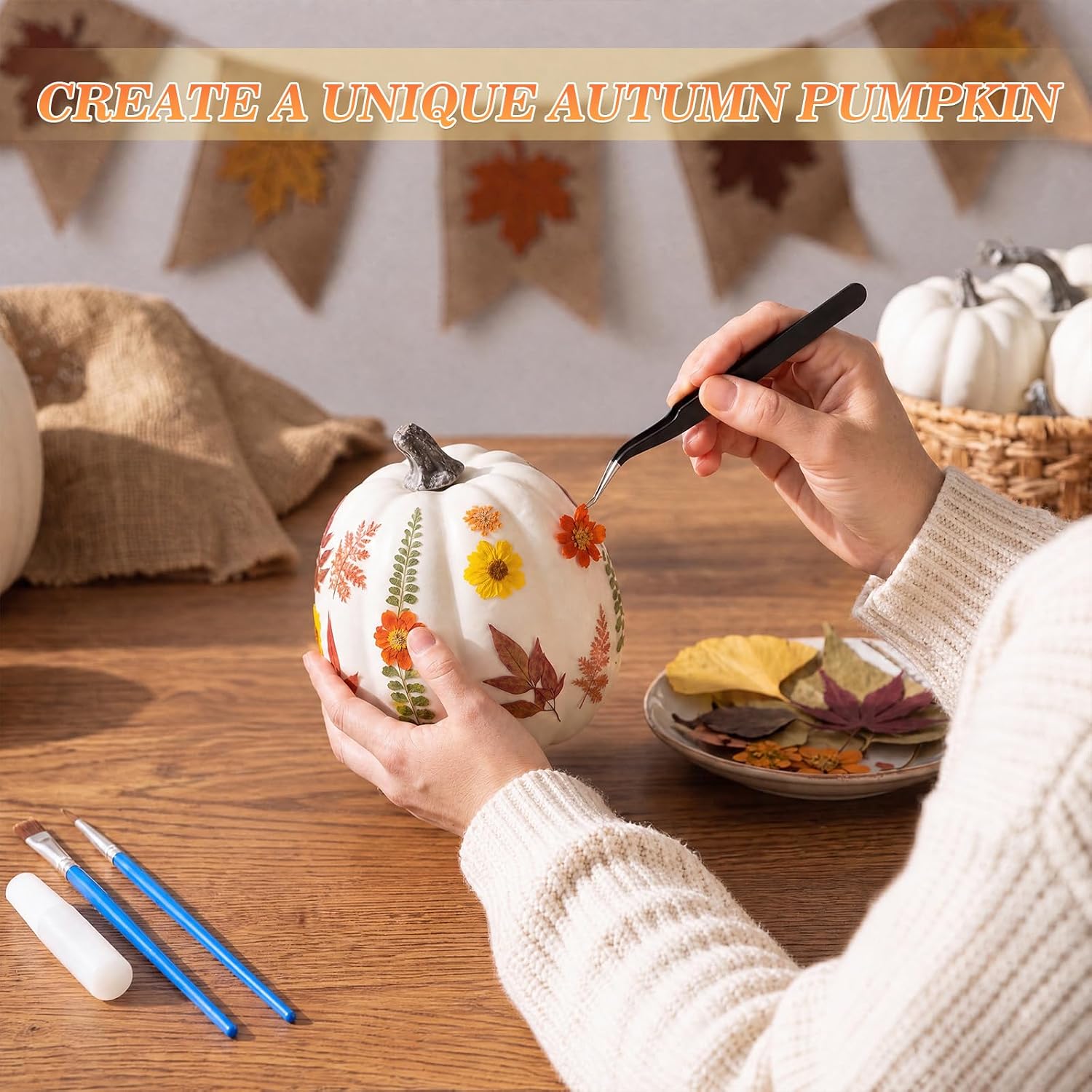 Leinuosen 104pcs Large DIY Fall Foam Pumpkin Craft Kit 4 Foam Artificial Pumpkins Art & Dried Flower for Girl Night Craft Club Activity Thanksgiving Decor(Flowers, Leaves,8.3'', 6'', 4'',White)
