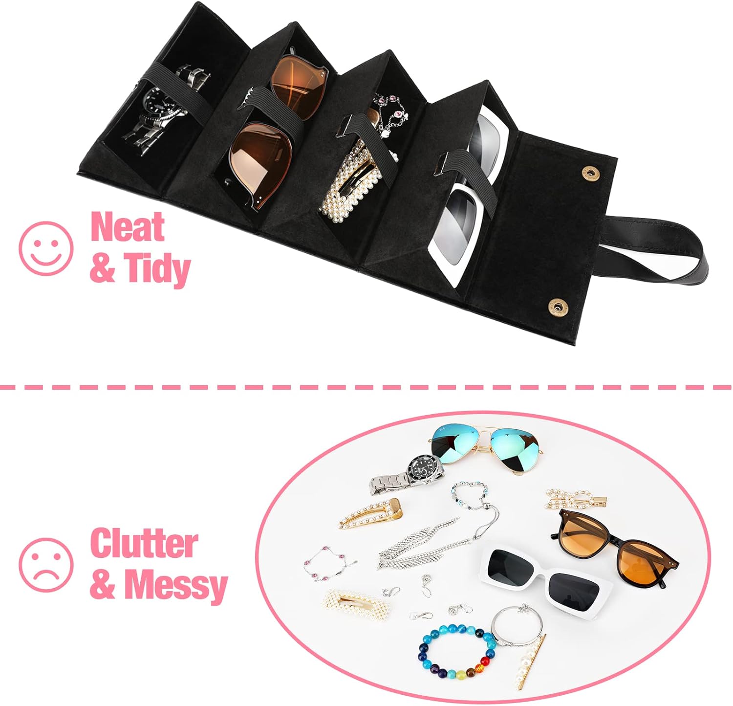 MoKo Sunglasses Organizer with 4 Slots, Foldable Travel Glasses Storage Case Holder Hanging Eyewear Display Stand Box, Black : Clothing, Shoes & Jewelry