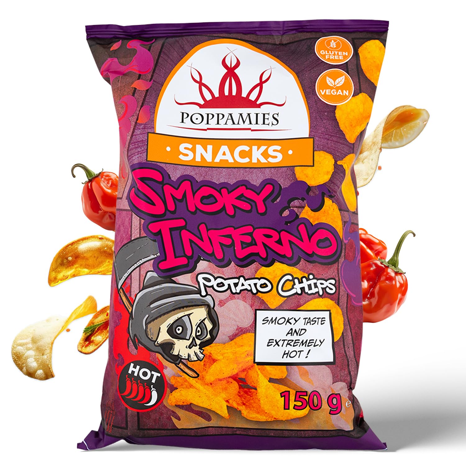 Poppamies Snacks Smoky Inferno Potato Chips with Habanero Chili Flavor - Gluten Free, Vegan - Spiciness Level 4/5-150g