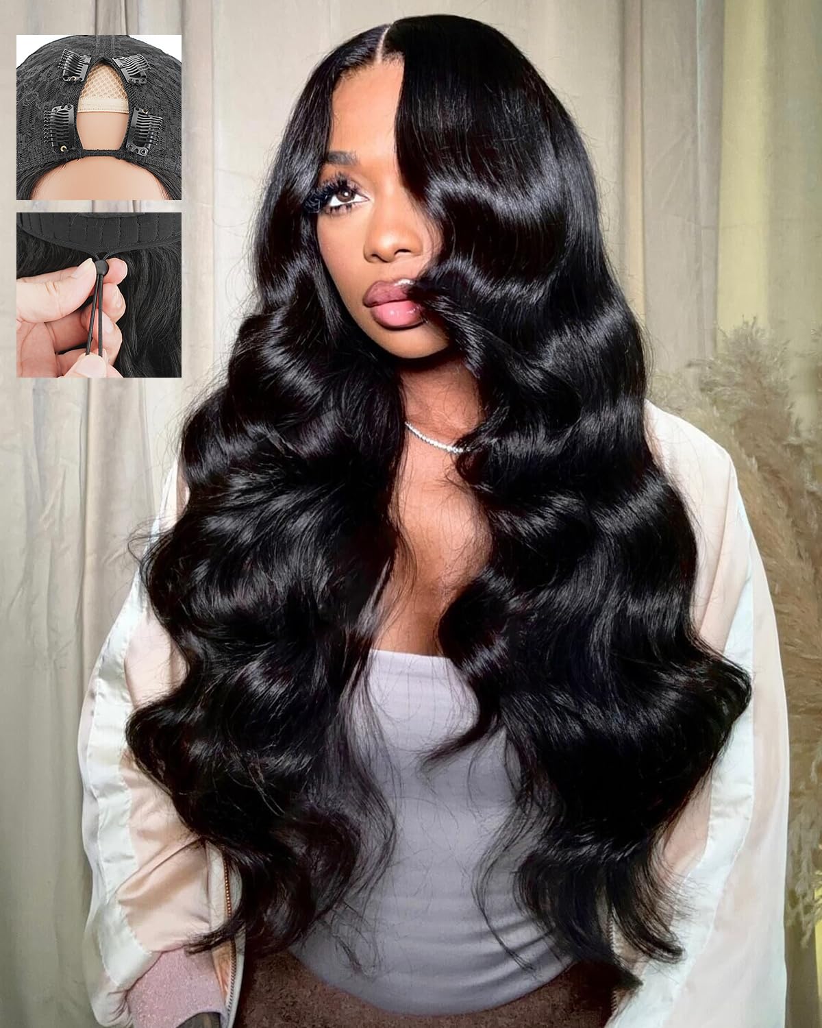 Mamushow V Part Wig Human Hair Body Wave 30 Inch Glueless Upgrade U Part Wig With Elastic Drawstring 200% Density No Leave Out No Sew In V Shape Clip In Half Wig for Women Natural Black