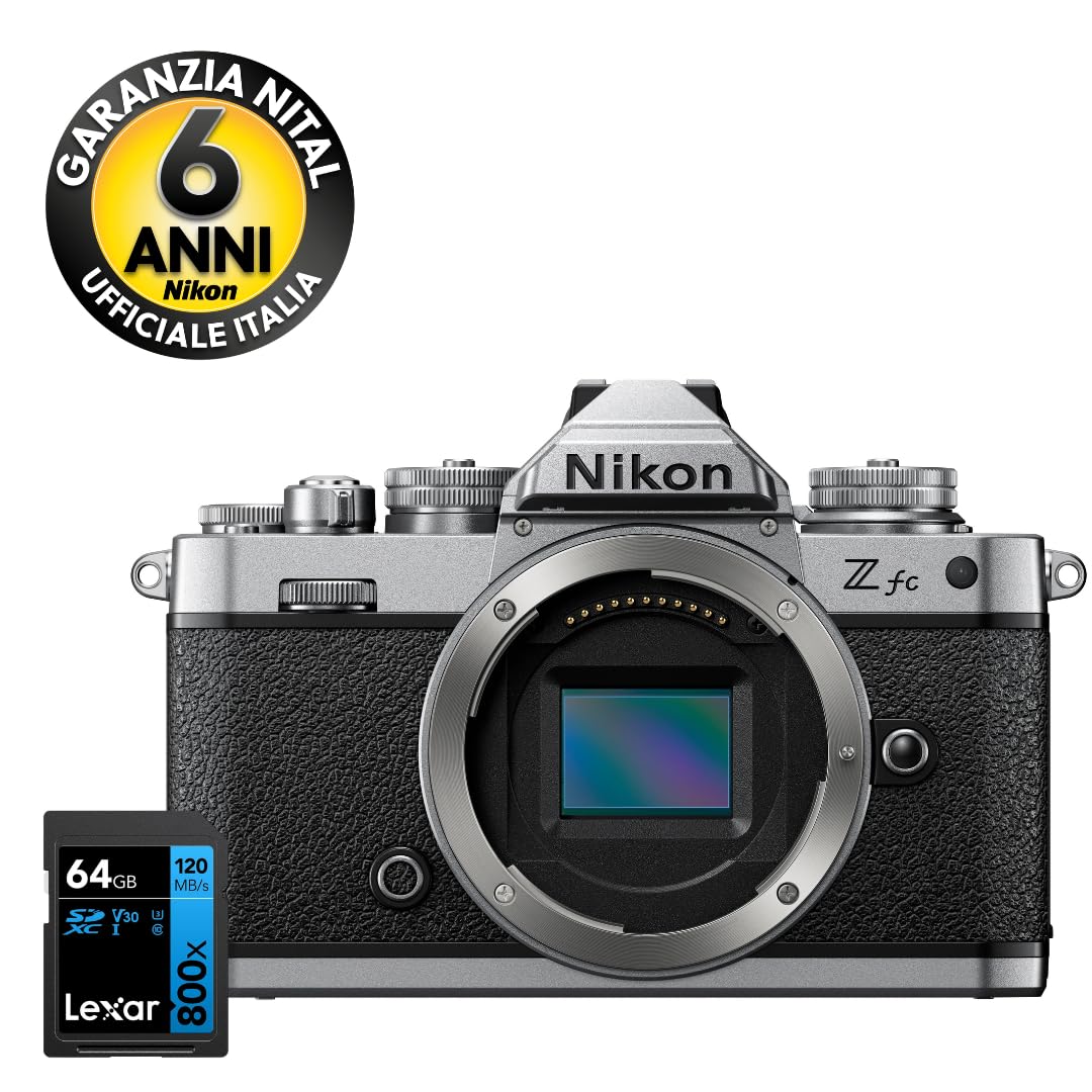 Nikon Z fc 16-50 VR + 50-250 VR+ Lexar SD 64GB, Mirrorless DX 20.9 MP, ghiere di controllo, mirino elettronico, 4K, monitor angolazione variabile, argento [Nital Card: 4 Anni di Garanzia]