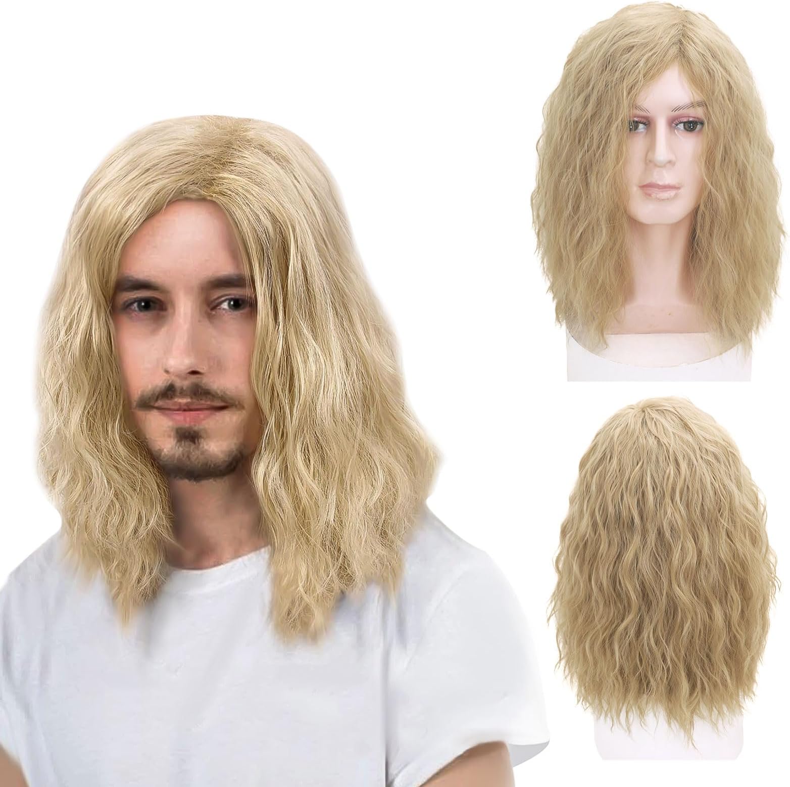 TSHAOUN Mens Blonde Wig Mid Length Curly Hair, Mens Wig for Adult, 16’’/40 cm Pop Rocking Dude Wigs for Men, Handsome Cosplay Wigs for 70s 80s Fancy Dress Daily Costume Party Halloween(Blonde)