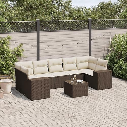 8-Piece Garden Sofa Set in Brown and Cream White, Premium Poly Rattan Outdoor Furniture with Modular Design, Plush Cushions and Weather-Resistant PE