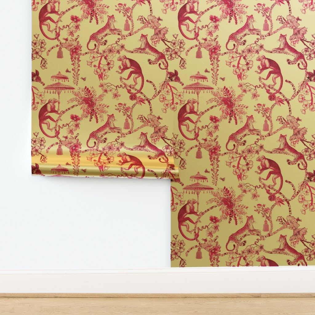 Gold Metallic Wallpaper 27ft x 2ft - maximalist Vintage,Bright Pink,hot Pink Toile,Leopard Monkey,Chinoiserie Traditional Wallpaper by Spoonflower