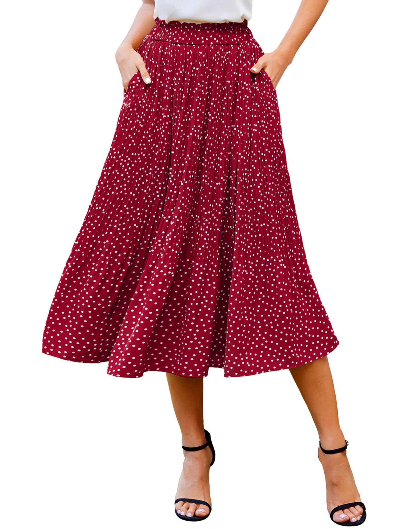 Zeagoo Women's Midi Skirts High Waisted Pleated A-Line Swing Skirts Summer Floral Long Skirts with Pockets