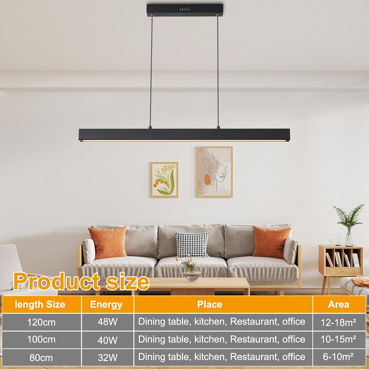 Product size chart for EYLM Dimmable LED Pendant Light