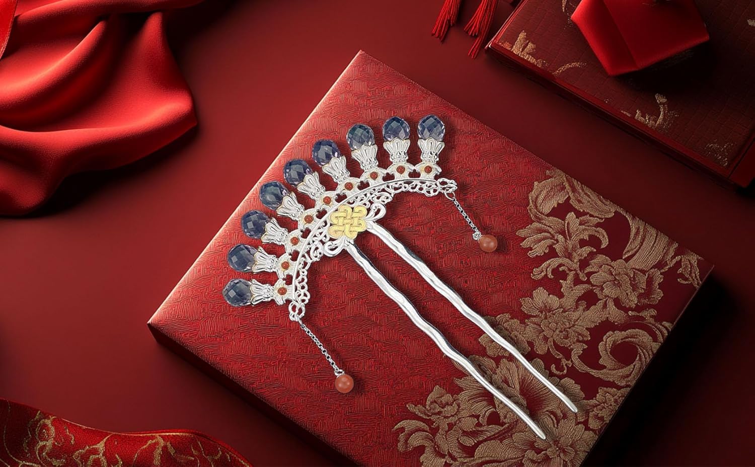 925 Silver U-Shaped Hairpin with Chinese Knot Tassel 784 onesize