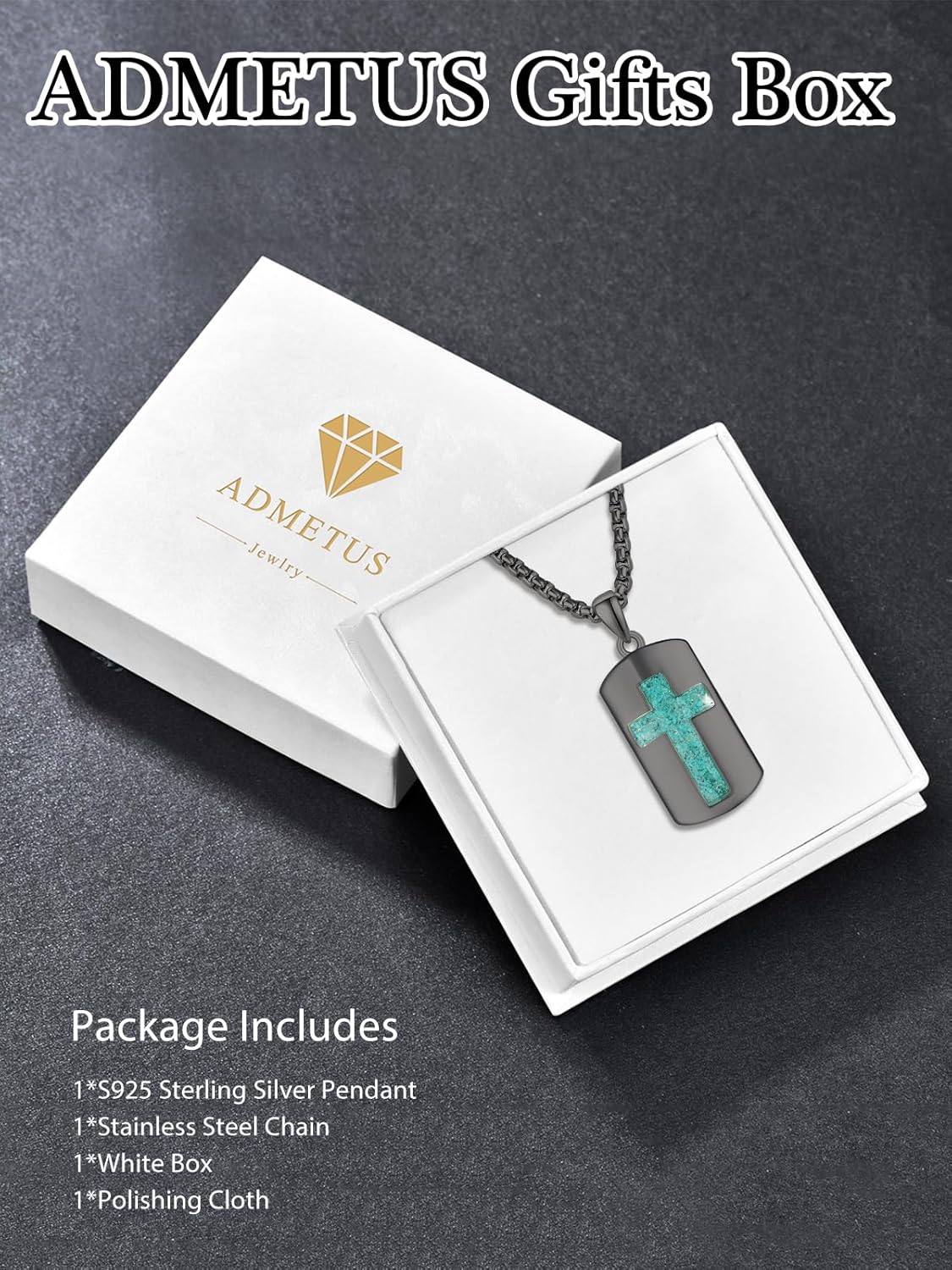 ADMETUS Cross Dog Tag Necklace for Men Sterling Silver Turquoise Cross Pendant Necklace for Men Protection Jewelry Religious Gifts - Image 7