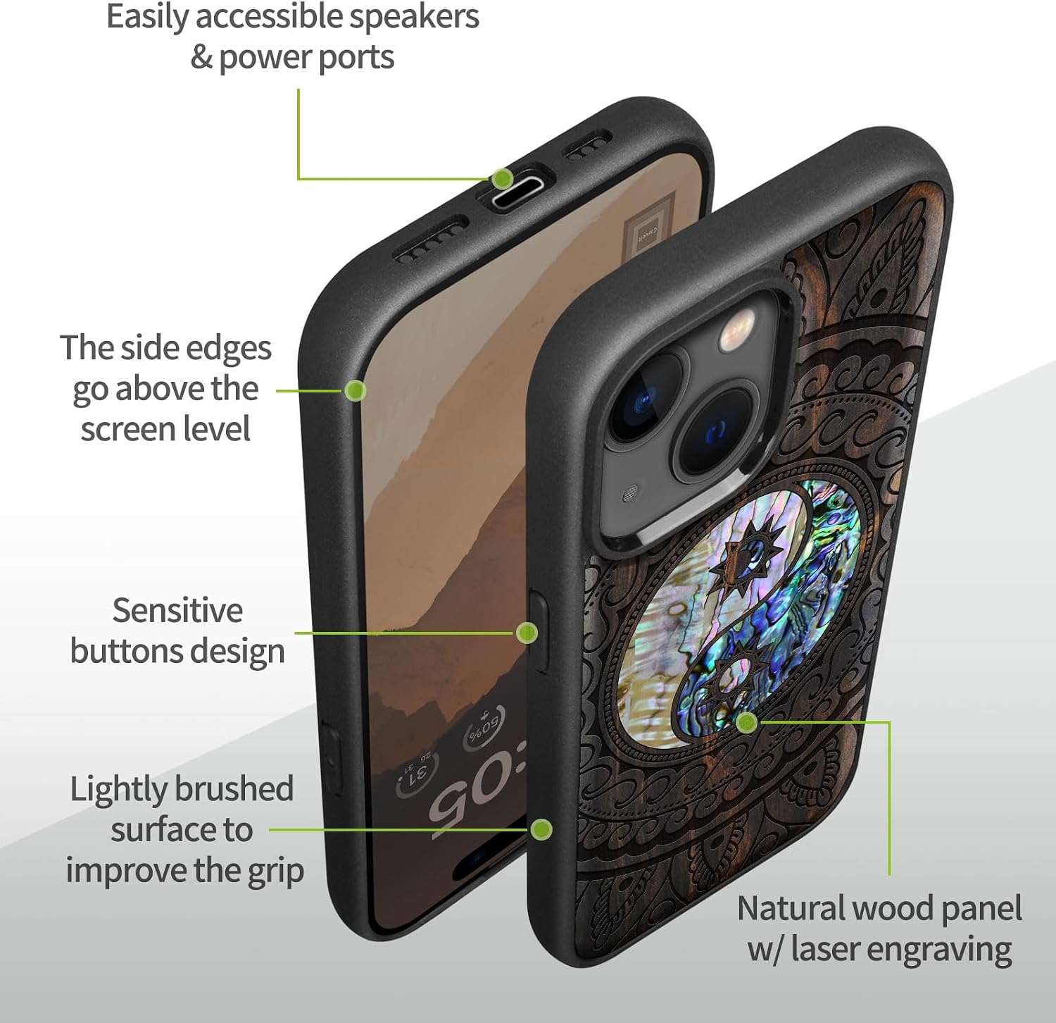 Carveit Wooden Case for iPhone 15 Magnetic Case, Compatible with MagSafe Wireless Chargers, Shockproof Cover, Handmade Shell Inlaid & Wood Artisan Engraved (Yin Yang Paisley) Blackwood