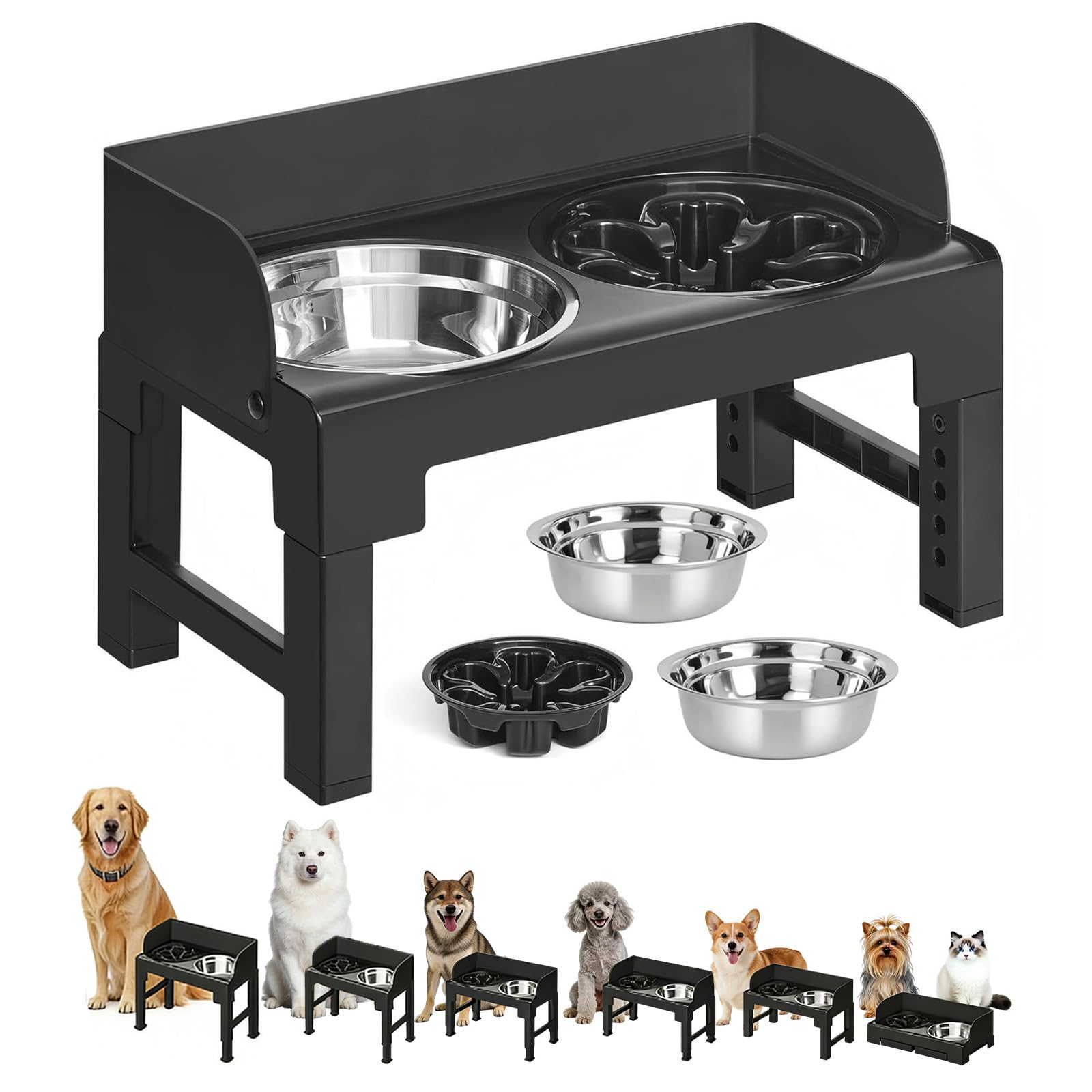 Hundenapf Erhöht, Erhöhter Futternapf Hund Höhenverstellbar, Fressnapf Hund mit Gestell, Futterstation Hund Mit 2 Hundenäpfe aus Edelstahl und 1 Anti Schling Napf Hunde (Schwarz)