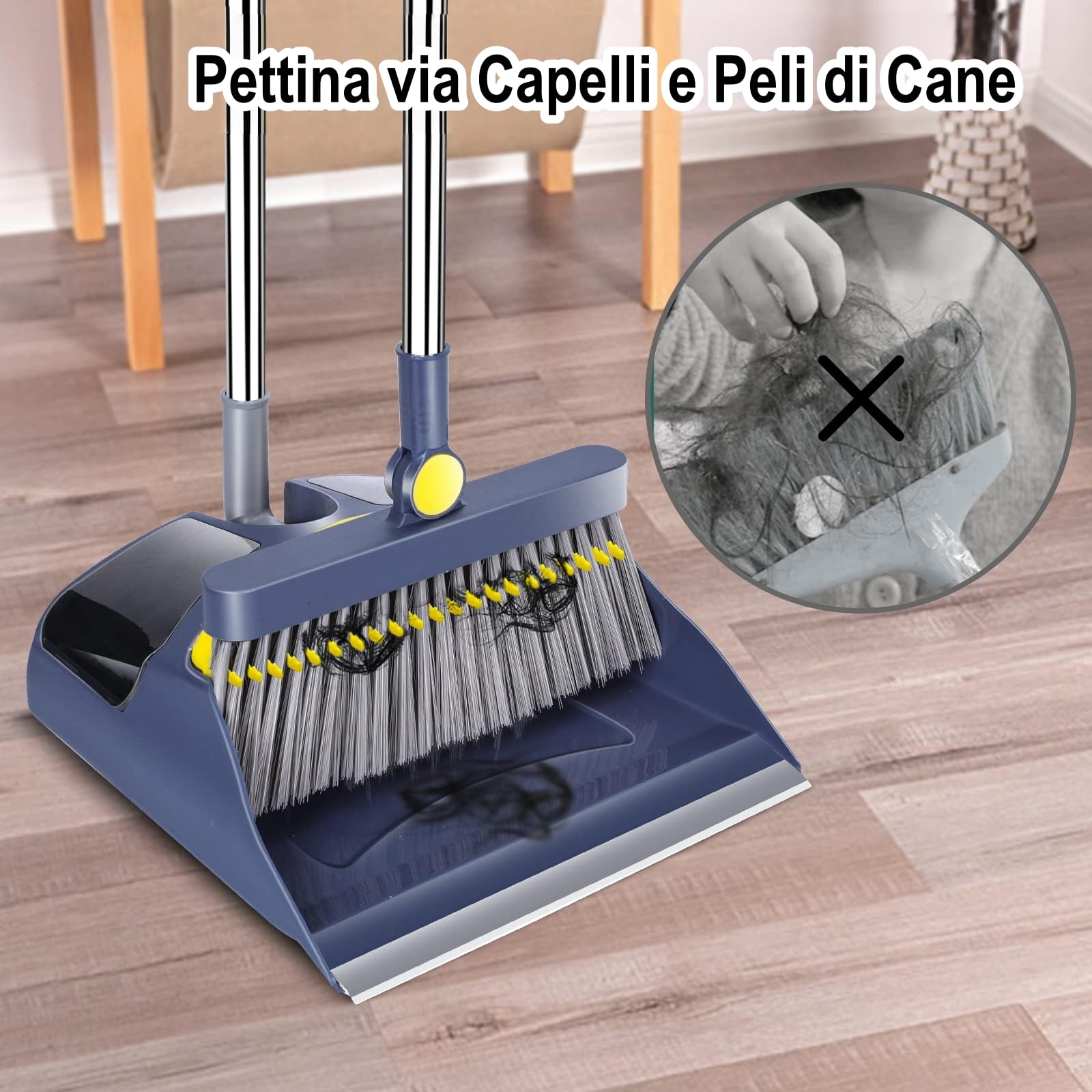 MASTERTOP Set Scopa e Paletta Salvaspazio, Paletta Verticale con Scopa Inox a Manico Lungo, Spazzola Interni e Paletta con Denti a Pettine per Pulizia di Casa, Cucina, Ufficio (Blu Scuro)