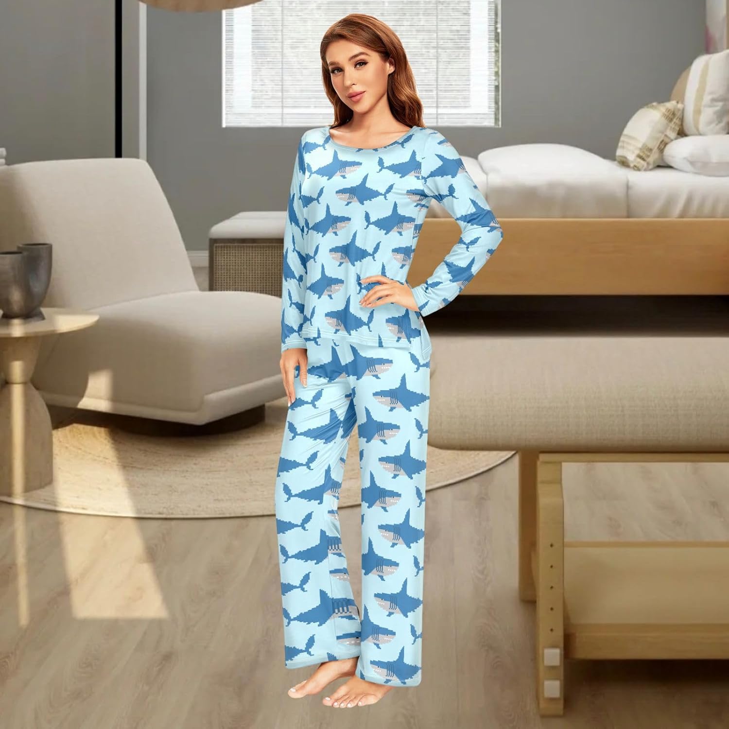 Shark Pajamas Set for Women's Long Sleeve Sleepwear with Long Pants Soft Comfy Pj Lounge Sets - Image 5